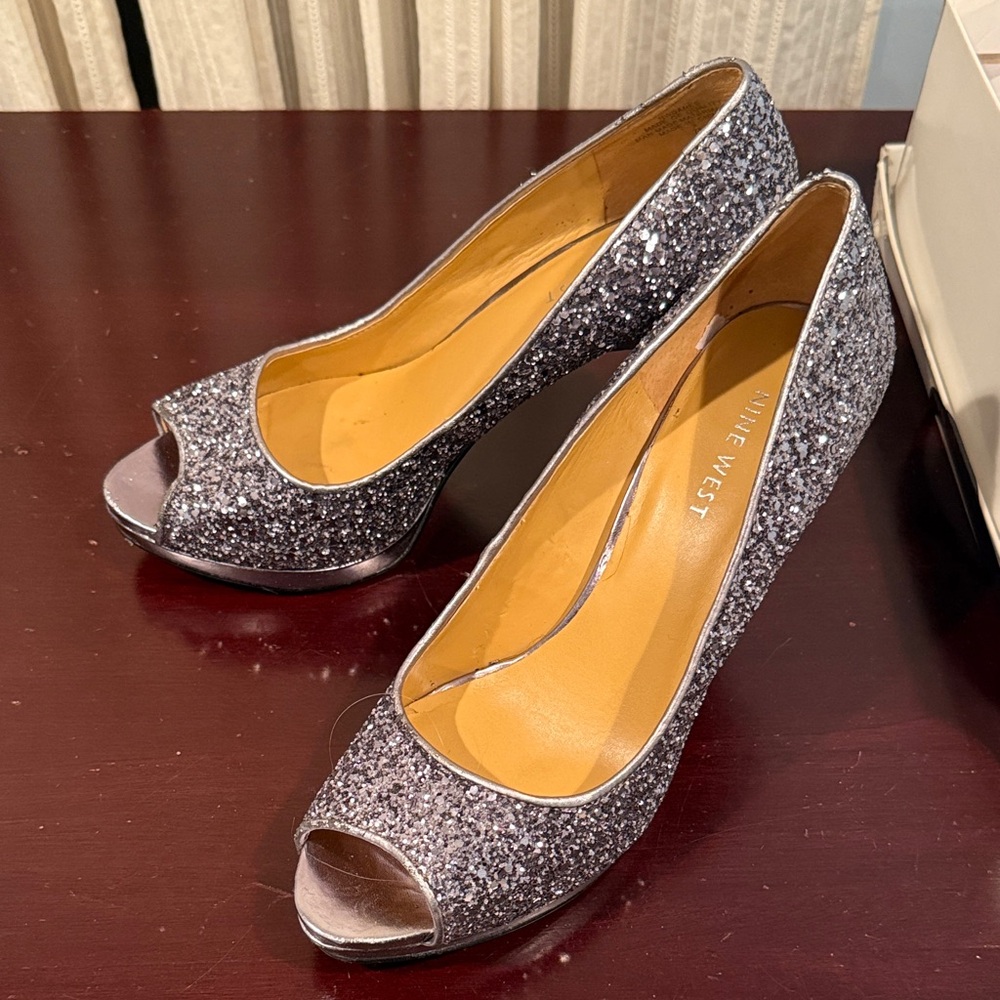 Nine West Sparkling Silver Peep Toe Heels